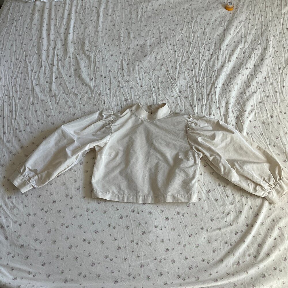 Aritzia Sunday Best Blouse Off White 3/4 Length Puff Sleeves High Neck Size 2XS